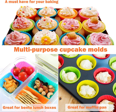 IPOW 24 Pack Reusable Silicone Cupcake Baking Cups, Food-Grade BPA Free Non-Stick Muffin Liners, 2 Shapes Round