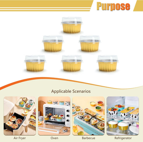 Aluminum Cups with Lids, 4.2oz 50Pcs Gold Disposable Cake Pans, Mini Cake Pans for Party, Wedding, Birthday