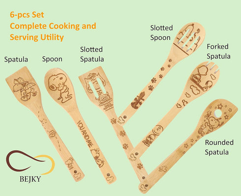 Bejky 6-Pcs Wooden Bamboo Spoons Set, Organic Cooking Utensils with 3D Engraved Patterns, Cookware Gifts