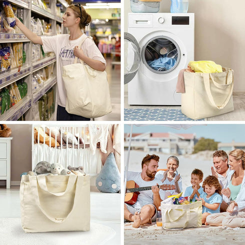VitaSerena Handles(3pc Canvas Grocery Bags with Dual XL), Large Reusable Shopping Bags for Groceries, Inner Pockets