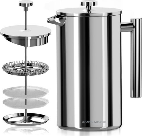 Utopia Kitchen 32 Oz Stainless Steel French Press Coffee Maker, Portable Travel Tea Press, Silver