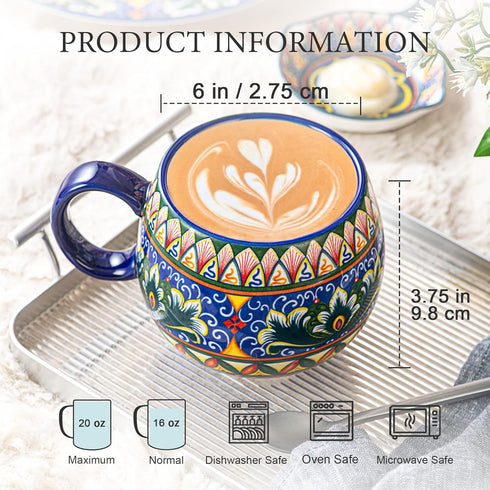 Set 6, 20 oz Henten Home Ceramic Coffee Mug of Colorful Coffee Cup with Handle, Boho Porcelian Mug for Cappuccino