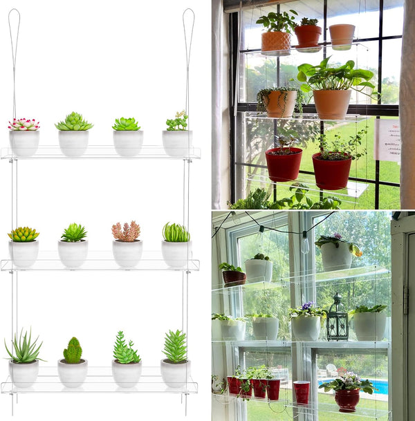 OtNiap 3-Tier Clear Hanging Window Plant Shelves 16In, Height Adjustable Acrylic , Indoor