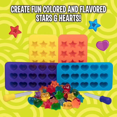 Star & Heart Silicone Gummy Candy Molds, 4 Pack Set - XL Nonstick Trays with 2 Droppers for Chocolate, Ice Cubes,
