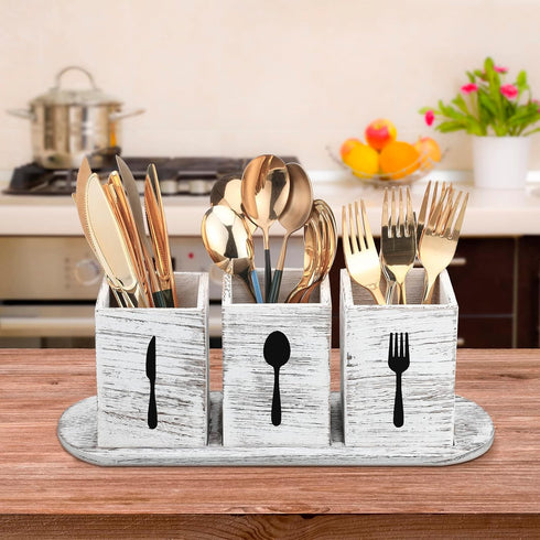 Kathfly 4 Pcs Silverware Caddy Utensil Holder - Countertop Organizer with Wood Tray for Kitchen Parties (Retro White)