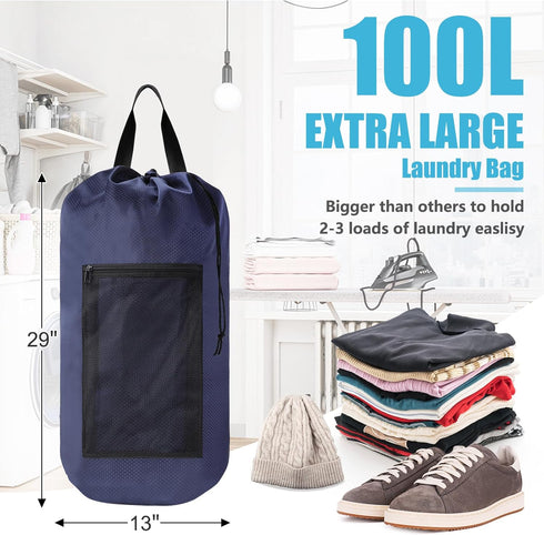 Laundry Bag Backpack, Portable with Adjustable Straps, Travel Dirty Laundry Bag for College (Dark Blue)