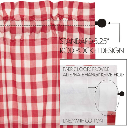 Farmhouse Red Country Buffalo Check Cotton Annie Kitchen Curtains - 16x72 Valance with Rod Pocket Hanging Loops