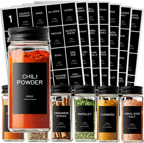 Kuocodall 201 Spice Jar Labels - Black Preprinted Minimalist Waterproof Stickers for Kitchen