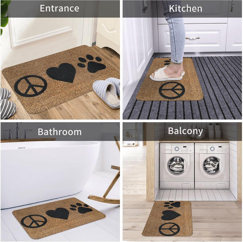 Welcome Mats for Front Door Outdoor Entry, Peace Love Pawprint Doormat, Non-Slip Mat, 17 x 30 Inch