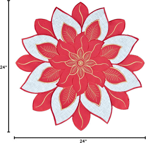Embroidered Holiday Christmas Doily Placemat, Red White and Gold Star Poinsettia Small Table Topper (24 Inch)