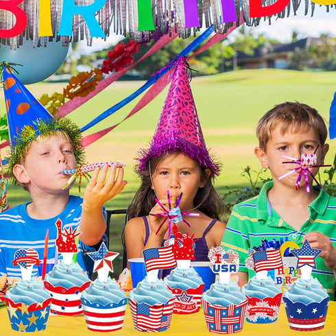 24 PCS 4th of July Cupcake Toppers, USA Patriotic Cupcake Liners for Cake Decoration Supplies