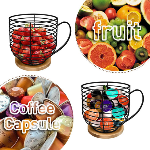 Large Capacity Black Wire Coffee Pod Holders for Counter, K Cup Storage Organizer with Wooden Base, Coffee Bar