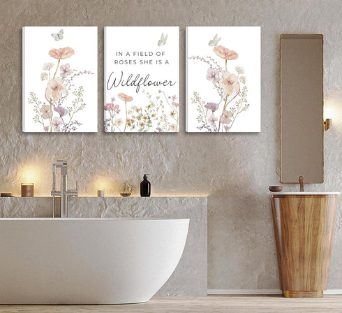 Dawaqwe 3PcsFramed Wildflower Nursery Canvas Wall Art Flower Botanical Sentence Poster Pink Watercolor Floral Girl's