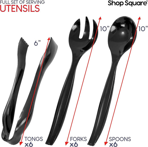Disposable Plastic Serving Utensils - Set of 18 Black Plastic Utensils, 6 Each 6" Serving Tongs, 10” Serving Spoons, 10” Serving Forks, Buffet Serving Utensils, Party Utensils by Shop Square
