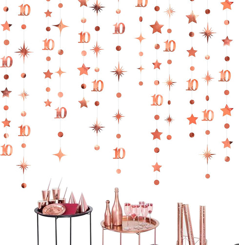 Rose Gold 10th Birthday Decorations, Number 10 Circle Dot Twinkle Star Garland Bunting Banner for Girls Boys Party
