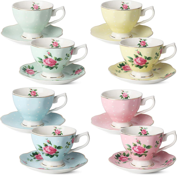 BTaT- Floral Tea Cups and Saucers Set of 8 (8 oz), Porcelain