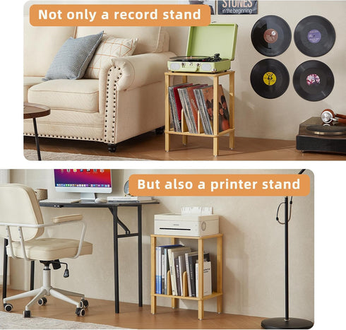 2-Tier 100 Albums, LELELINKY Bamboo Record Player Stand with Vinyl Record Storage up to Boho Bedroom Record Holder