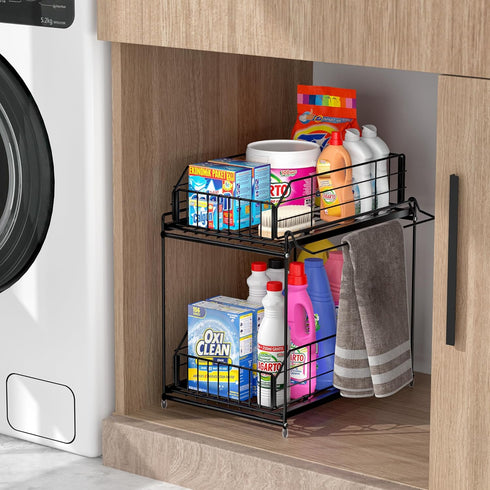 SUEH DESIGN 2 Tier Under Sink Organizer, Metal Kitchen Bathroom Storage with Hanging Rail