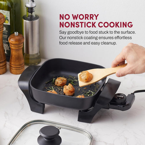 Elite Gourmet EG808 8” x 8" Non-stick Electric Skillet, Dishwasher Safe with Tempered Glass Vented Lid, Black