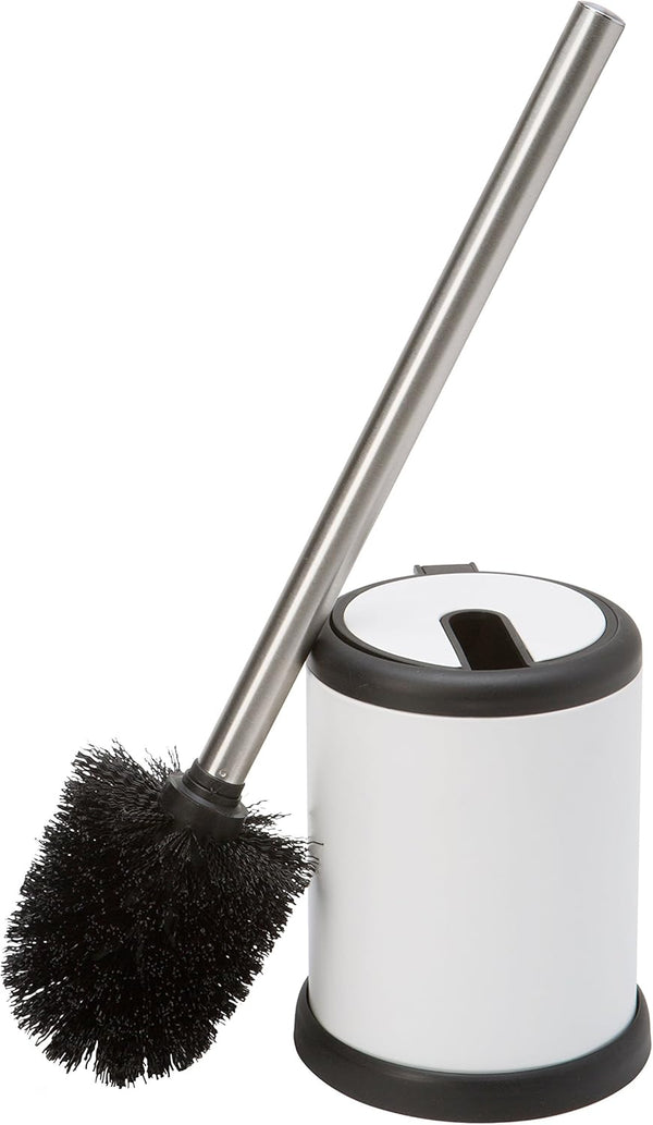 Bath Bliss Toilet Brush and Holder - Self Closing Lid, 360 Degree Brush Head, Compact Size, White