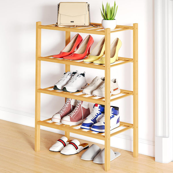 Smiry Shoe Rack, 4 Tier Small Bamboo Shoe Organizer, Stackable Free Standing