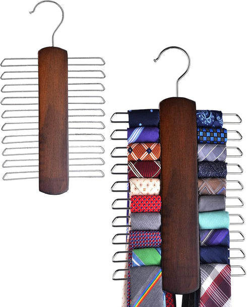 Umo Lorenzo 2 Pack Premium Wooden Necktie and Belt Hanger, Walnut Wood