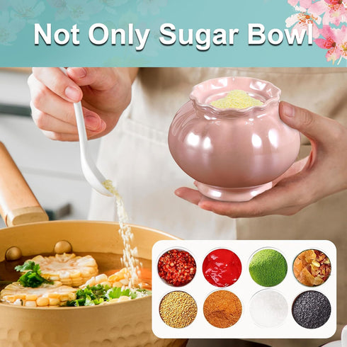 Porcelain Sugar or Salt Bowl with Lid and Spoon, Ceramic Spice Keeper, 9 Ounce, Pearlescent Pink Design