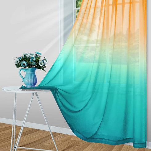 Orange and Green Curtains, 63 Inch Length for Bedroom Decor, 1 Panel Pocket Window Sheer Drape, 52x63 Long
