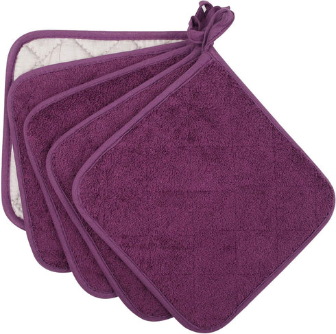100% Cotton Kitchen Everyday Basic Terry Pot Holder, Heat Resistant Coaster, Set of 5, Grape