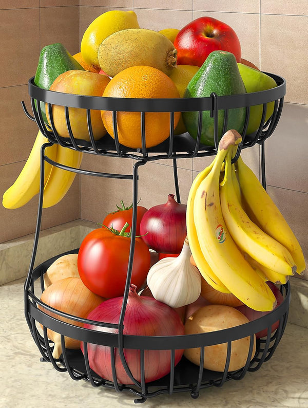 Sevenblue 2 Tier Large Fruit Basket for Kitchen Counter with 2 Banana
