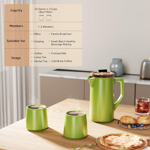 22oz DHPO Ceramic French Press Coffee Maker, Single Serve Coffee Press with Walnut Wood Lid, Lead-Free, Food Grade