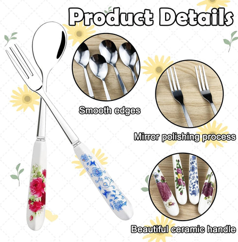 14 Pcs Dessert Forks and Spoons Set, Stainless Steel Cutlery with Porcelain Handles for Cake, Tea, Pastry, Dessert,