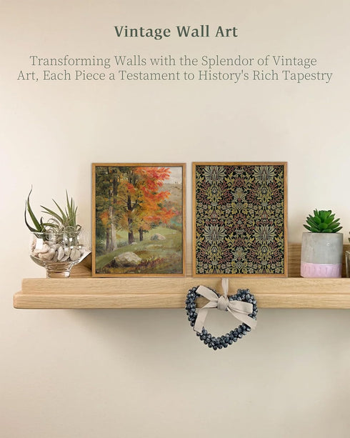 UPWOIGH Framed Wall Art, Autumn Tree Oil Painting Canvas Poster, Vintage Fall Landscape Rustic Print for Living Room