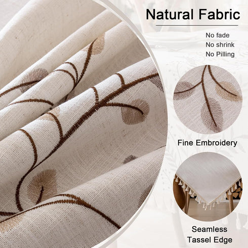 55''x 55'' Joyfol Day Square Linen Tablecloth, Heavy Duty Waterproof Tablecloths, Farmhouse Embroidery Leaves Table