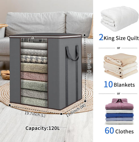 Fixwal Extra Large Blanket Storage Bags 120L Comforter Storage Bags with Reinforced Handles Breathable Clothes Storage Containers for King Comforter Bedding Pillow Sheet Grey