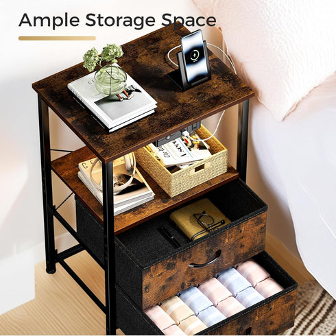 Klaus Kelsie Land Nightstand with Charging Station and LED Lights, Small Night Stand for Bedroom with Fabric Drawer