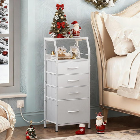 4 37.48" WLIVE Night Stand with Charger Station, White Nightstand with LED Light and Storage Drawers, Tall Dresser