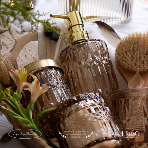6PCS Set (6pcs EMPO Bathroom Clear Glass Accessories (Lotion Soap Dispenser, Soap Dish, Toothbrush Holder, Tumbler