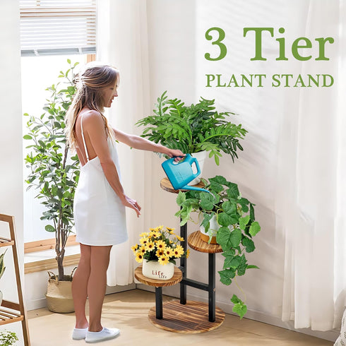 3 VECELO Tier Plant Stand Indoor Outdoor, Tall Metal Wood Flower Shelf for Multiple Plants, Small Tiered Round Corner