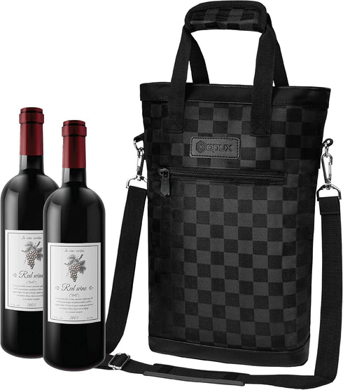 OPUX Insulated 2 Bottle Wine Carrier Tote, Leakproof Wine Cooler Bag for BYOB Picnic, Portable Wine Case, Checker Black