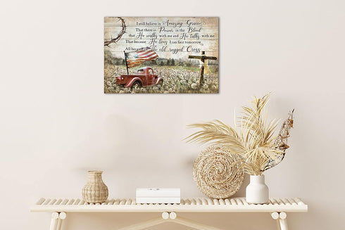 Farmhouse Wall Art, Red Truck Pictures with Inspirational Quotes, Vintage Truck Canvas Prints 12x18 Inch