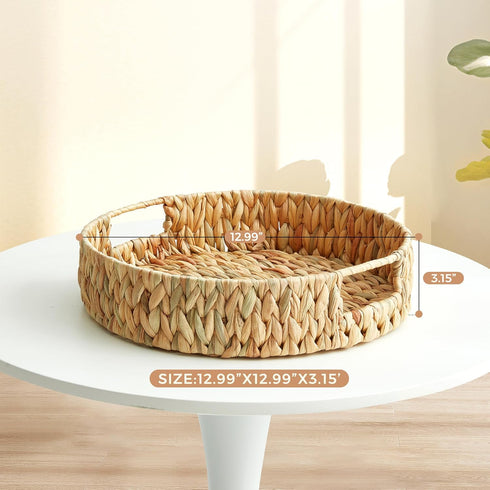 13 inch 1Pack Round Wicker Tray, Hand-Woven Rattan Serving Trays with Handles for Snack Drinks Coffee Table Tray, Water