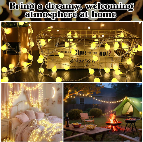 PJT 200 66FT 8 Cozy String Lights for Bedroom, LED Globe Plug in Fairy Lights, Connectable Warm White Twinkle Lights