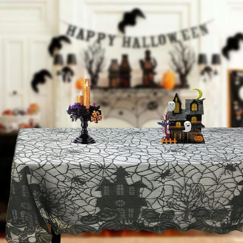 Halloween Tablecloth - Gothic Black Lace Spider Web Table Cover for Masquerade, Dinner Party, 53x68 Inches