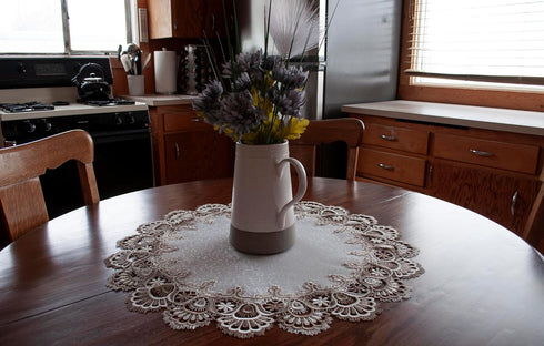 Cocoa, Earth Tones Jacquard Peacock Tail Lace Doily - 23 Inch Round Placemat and Table Centerpiece
