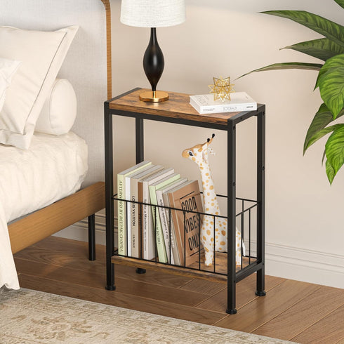 Narrow Side Table, Skinny End Tables with Magazine Holder, Small Sofa Table for Small Spaces, Space-Saving Design, Slim