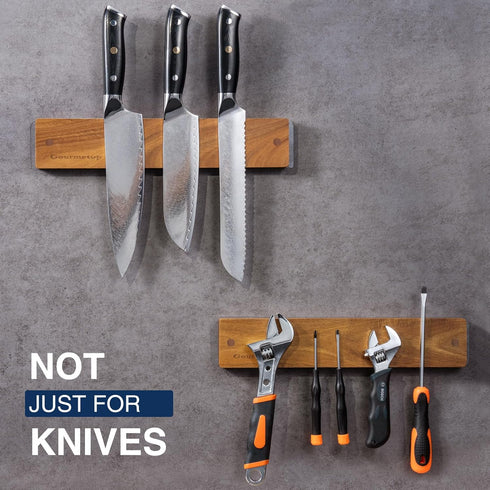 12" Magnetic Knife Holder for Wall - Acacia Wood Knife Strip - No Drilling Strong Magnet Knife Rack for Kitchen