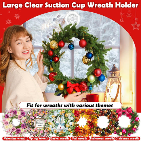 Clear Wreath-Hanger, 22 LB Strong Suction-Cup Hooks, 2 Pack Wreath-Door-Hanger for Halloween Christmas Decorations