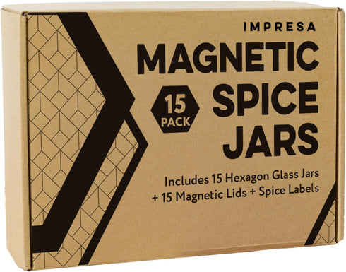 Pack 15-1.74 Oz IMPRESA Hexagon Magnetic Spice Jars - of Strong Magnetic Seasoning Containers - Space-Saving Honeycomb