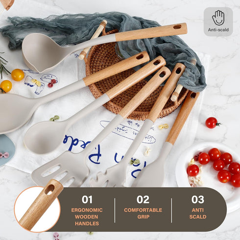Hvygss 6Pcs Large Silicone Cooking Utensils Set: Heat Resistant Non-Stick with Wooden Handle